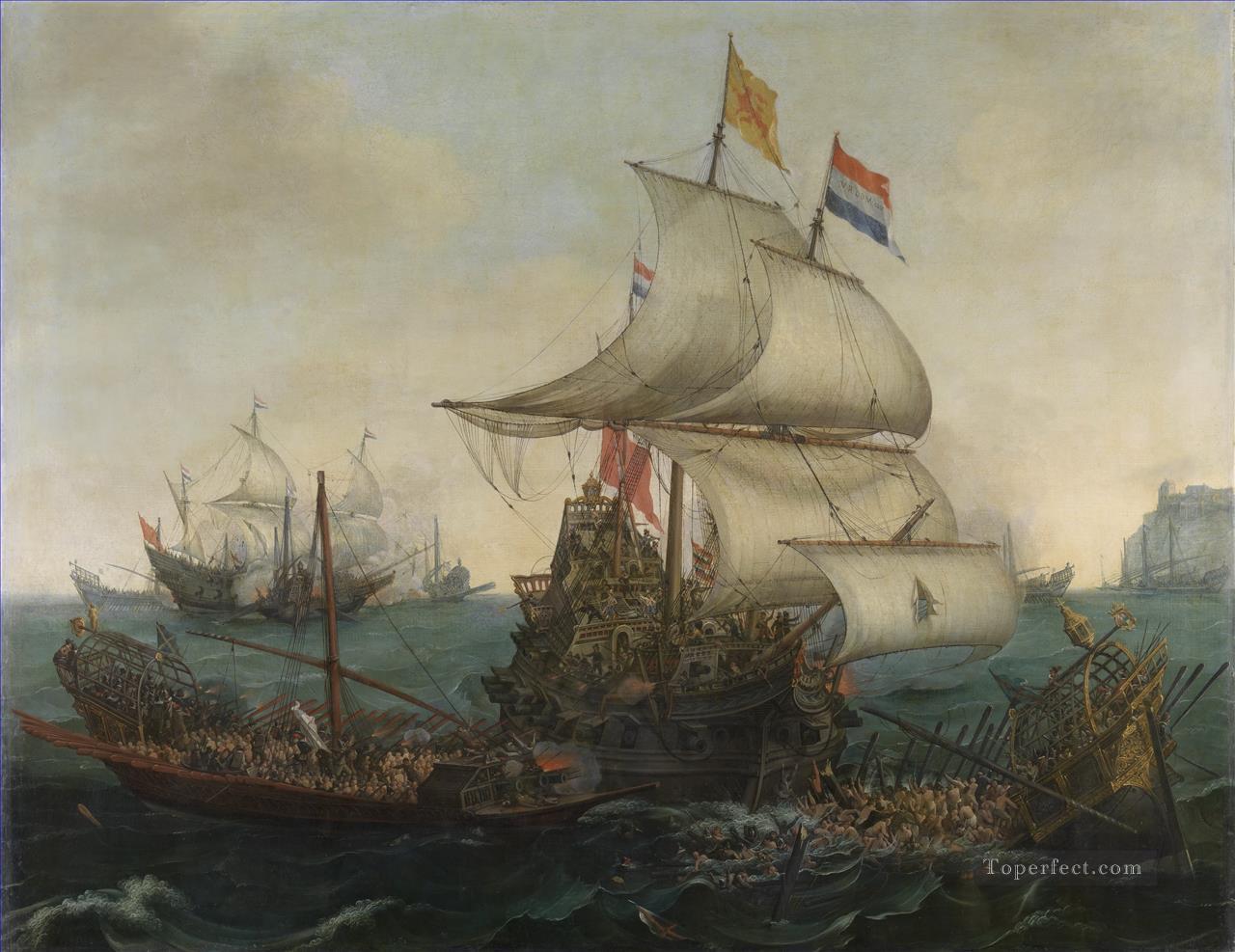 1602 年の海戦でフランダース海岸沖でスペインのガレー船に体当たりするオランダ船 ブルーム ヘンドリック コーネリス油絵